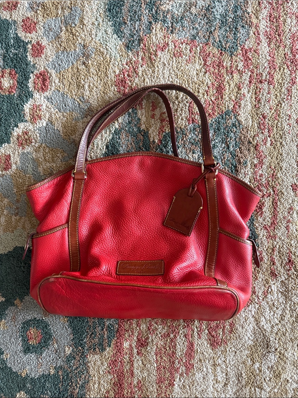 Dooney & Bourke Red Pebbled Leather Tote with Brown Trim